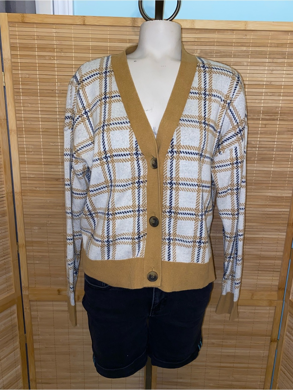 LOFT Plaid Button-Front V-Neck Cardigan Sweater preppy woman’s medium